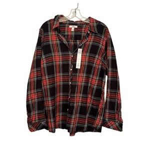 Red Flannel Button Christmas Plaid Long Sleeve Shirt Top XXL